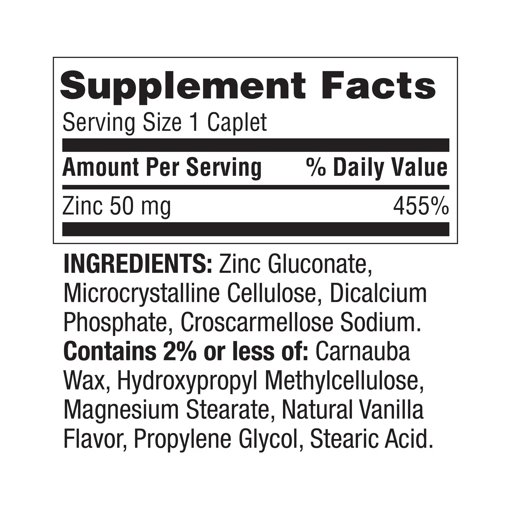 LUAL zinc caplets 50 mg bottle back highlights ingredients and quality terms