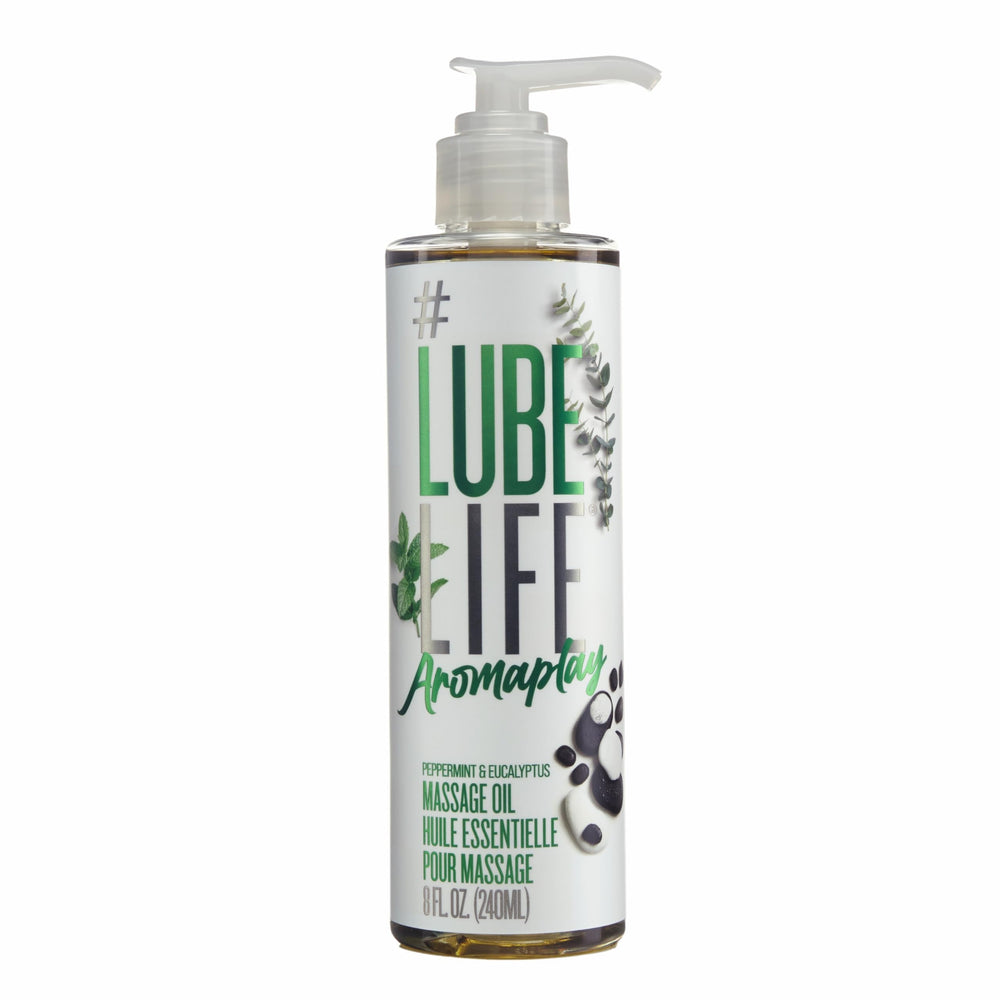 LubeLife Aromaplay bottle with eucalyptus and peppermint for a revitalizing massage experience.