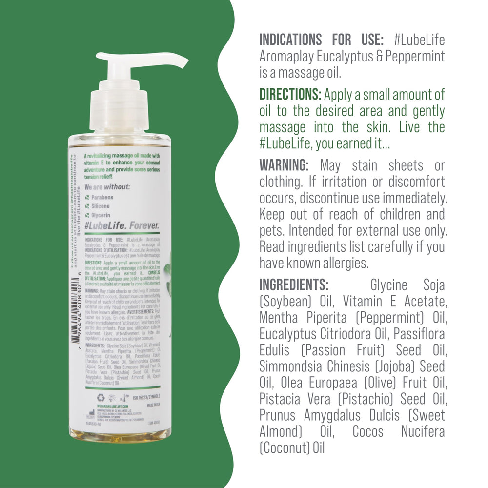 LubeLife Aromaplay oil being poured, highlighting a non-greasy skin-friendly application.