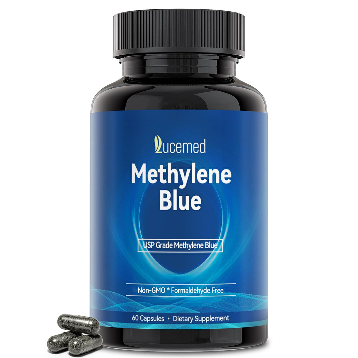 Lucemed Methylene Blue capsules bottle shows a clean, high-purity formula for daily wellness.