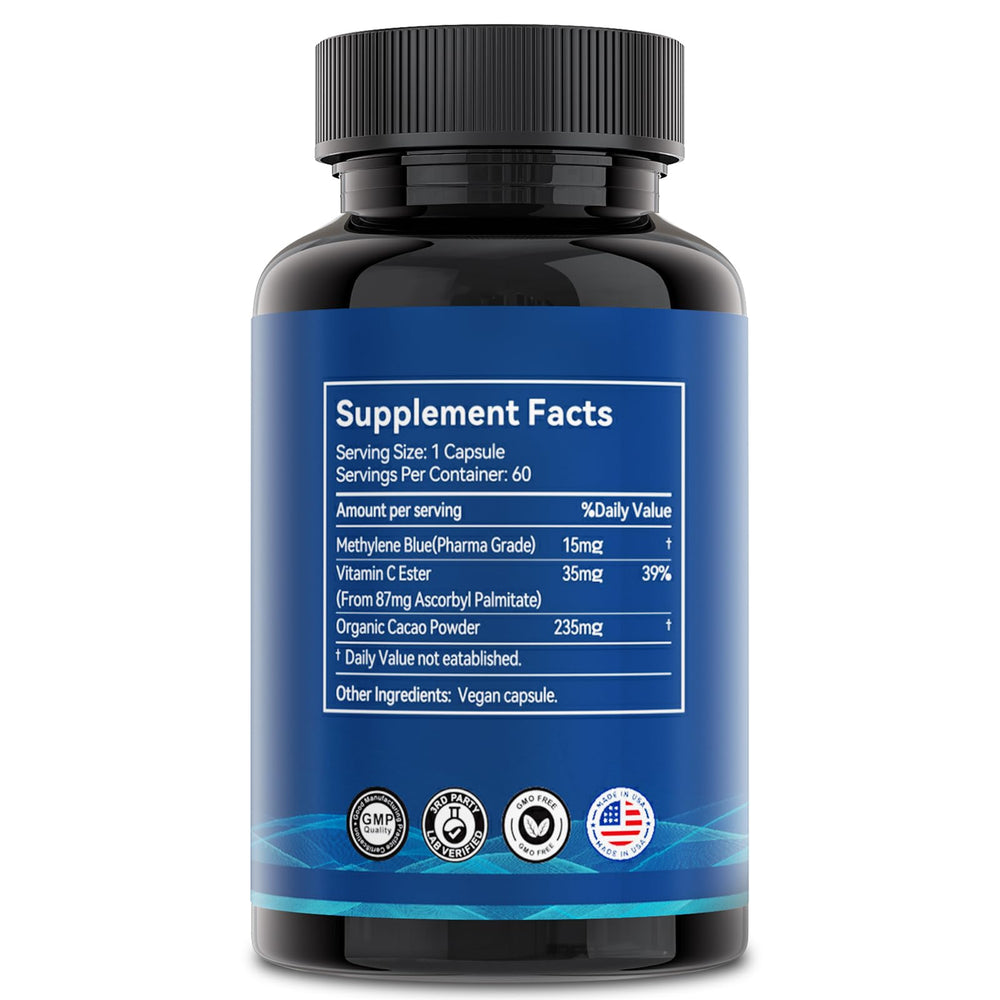 Lucemed Methylene Blue capsules on shelf highlight quality-focused production standards.
