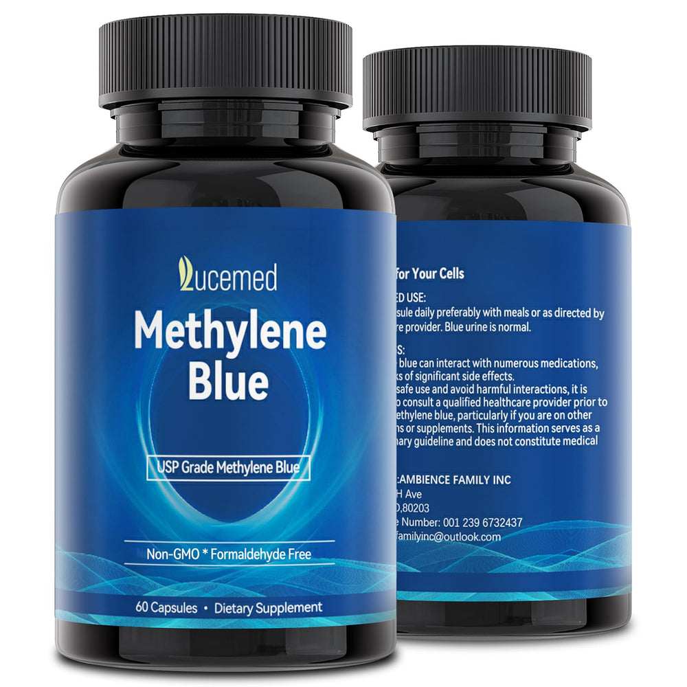 Lucemed Methylene Blue bottle with clear capsule shell for easy visual confidence.