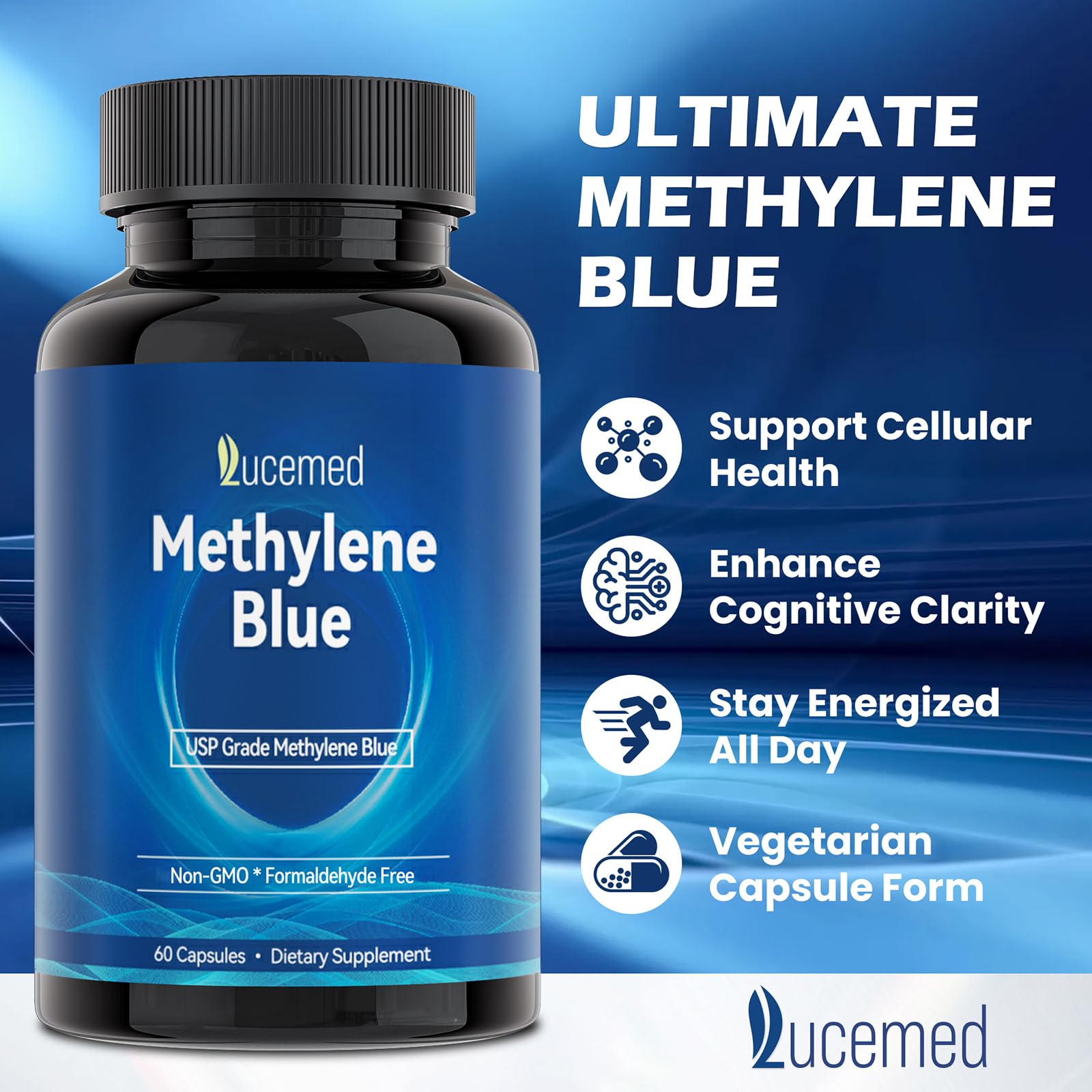 Lucemed Methylene Blue capsules UV-protective bottle preserves freshness for steady daily use.