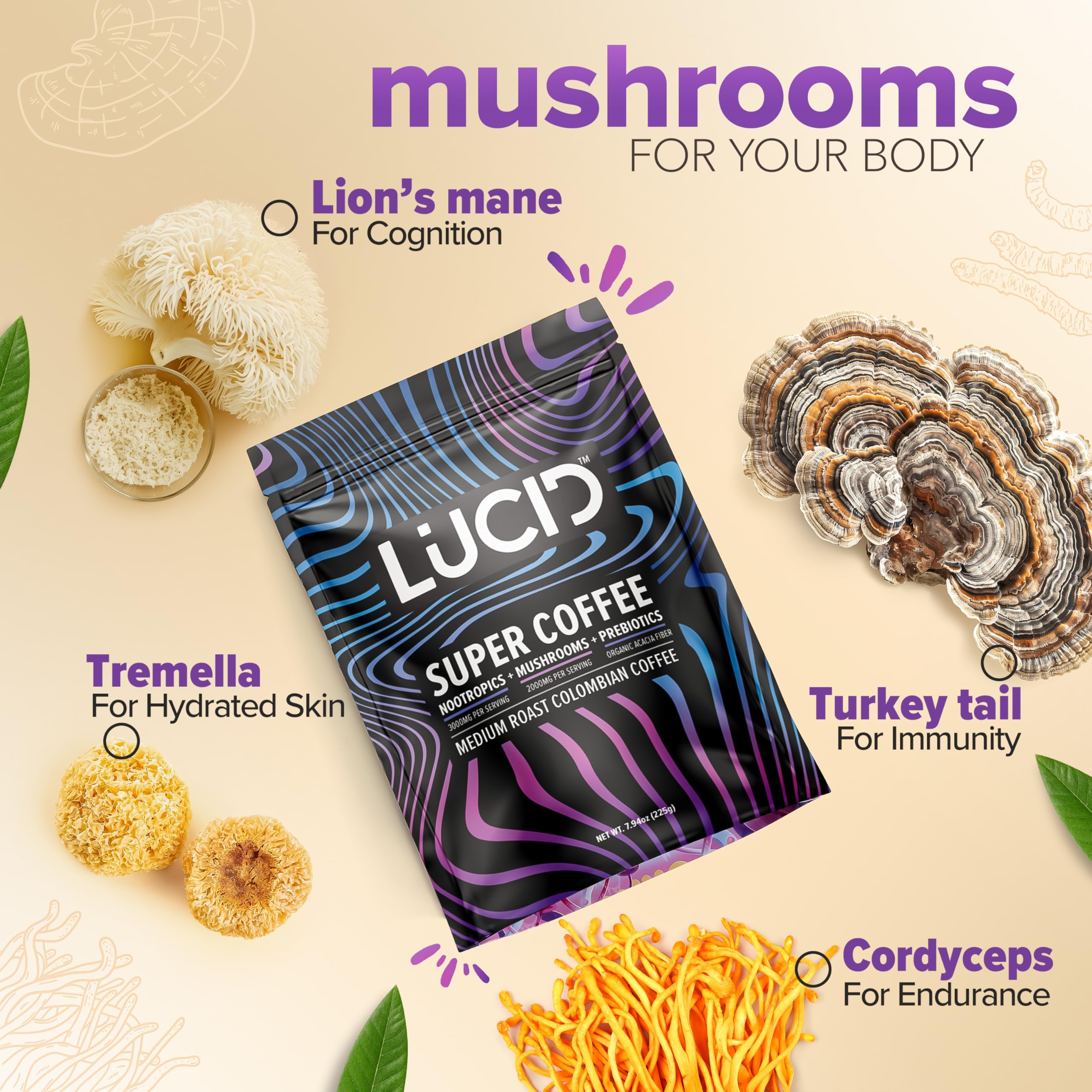 Lucid mushroom coffee cup with steam conveys a comforting, energy-boosting start to the day.