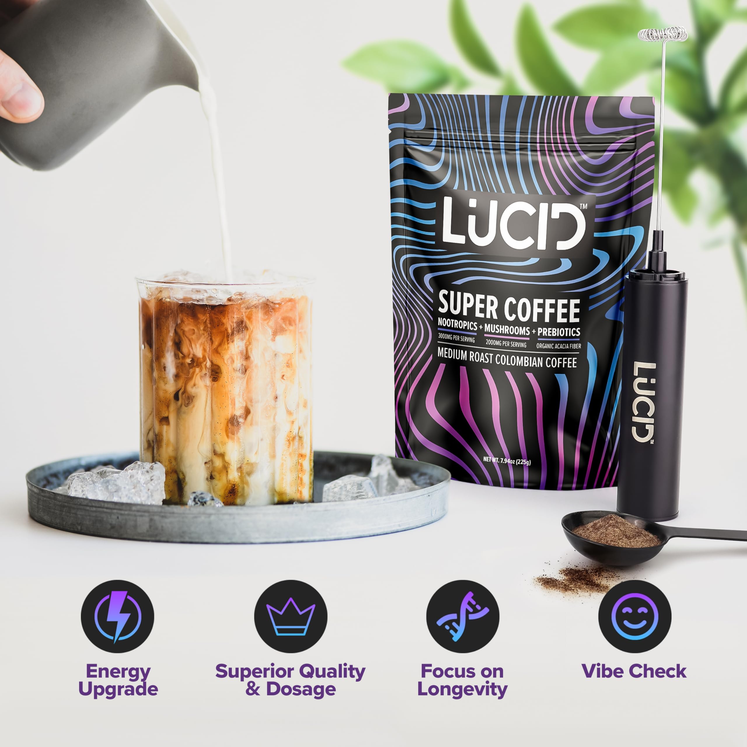 Lucid mushroom coffee instant mix packets demonstrate travel-friendly, on-the-go preparation.