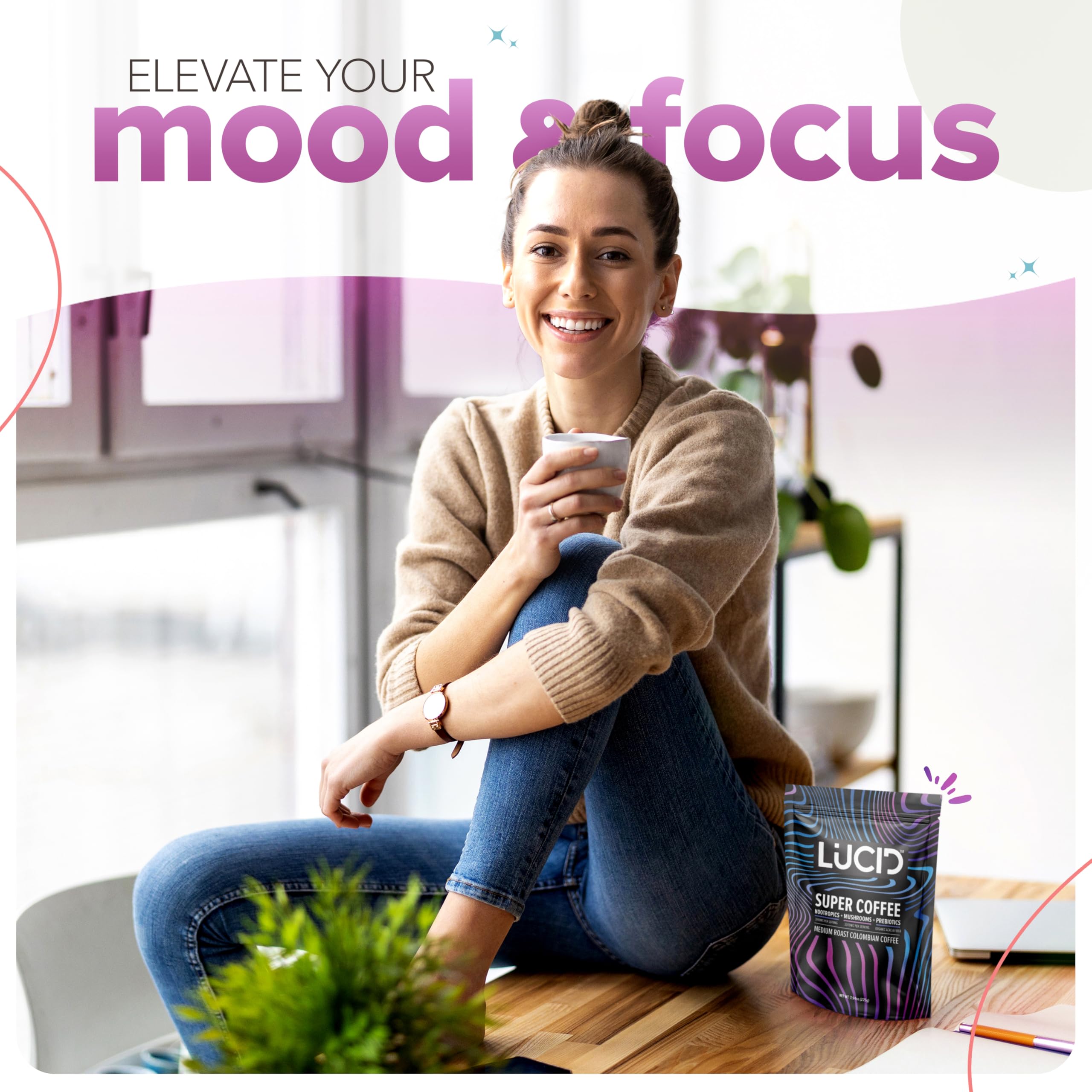 Lucid mushroom coffee mood-boost visual suggests potential focus during work tasks.