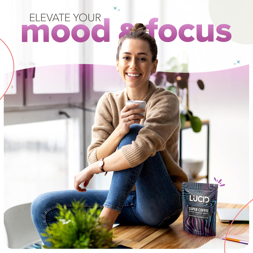 Lucid mushroom coffee mood-boost visual suggests potential focus during work tasks.