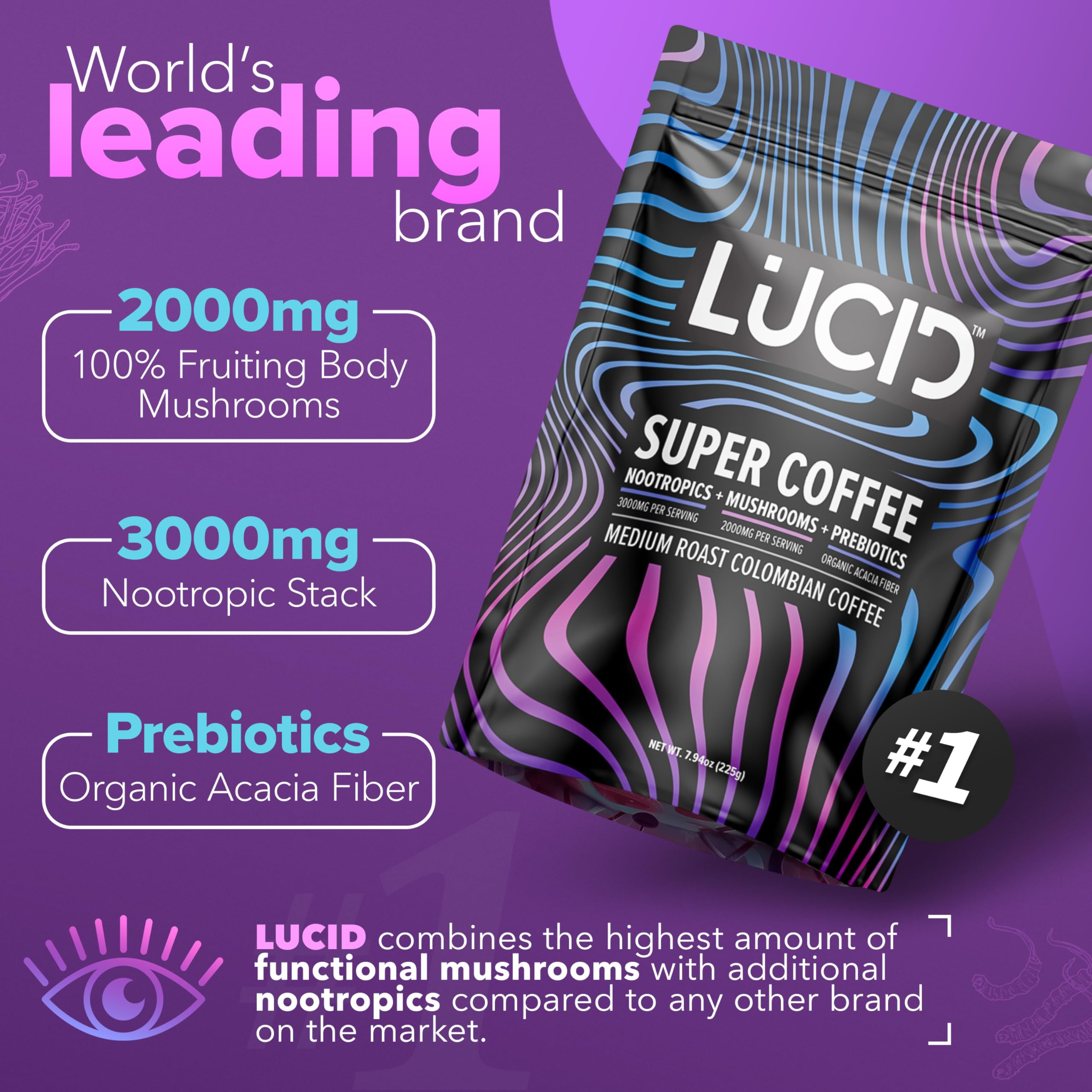 Lucid mushroom coffee scoop beside a sachet shows quick, convenient mix for focused mornings.