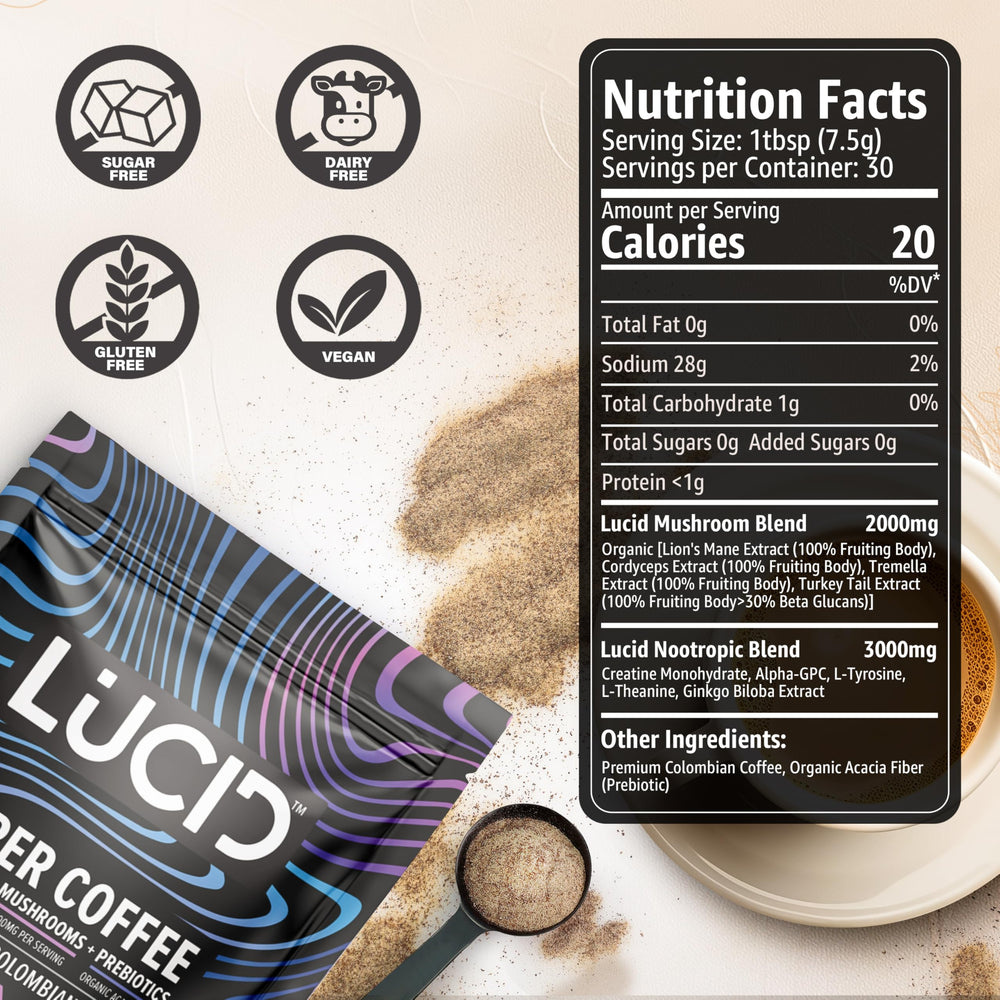Lucid mushroom coffee USA label signals domestic production and rigorous quality control.