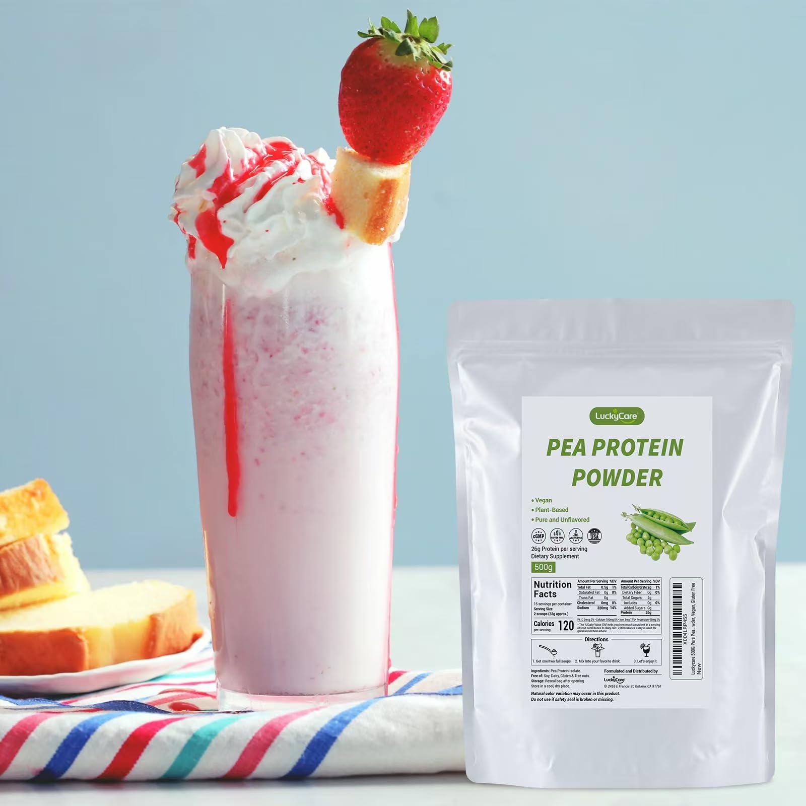 cGMP-certified US facility badge beside Luckycare pea protein powder packaging.