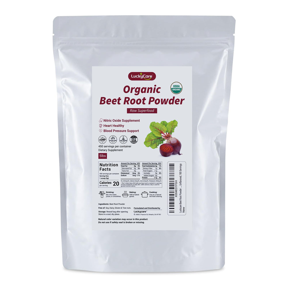 Luckycare Organic beet root powder bottle ready for daily use and convenience