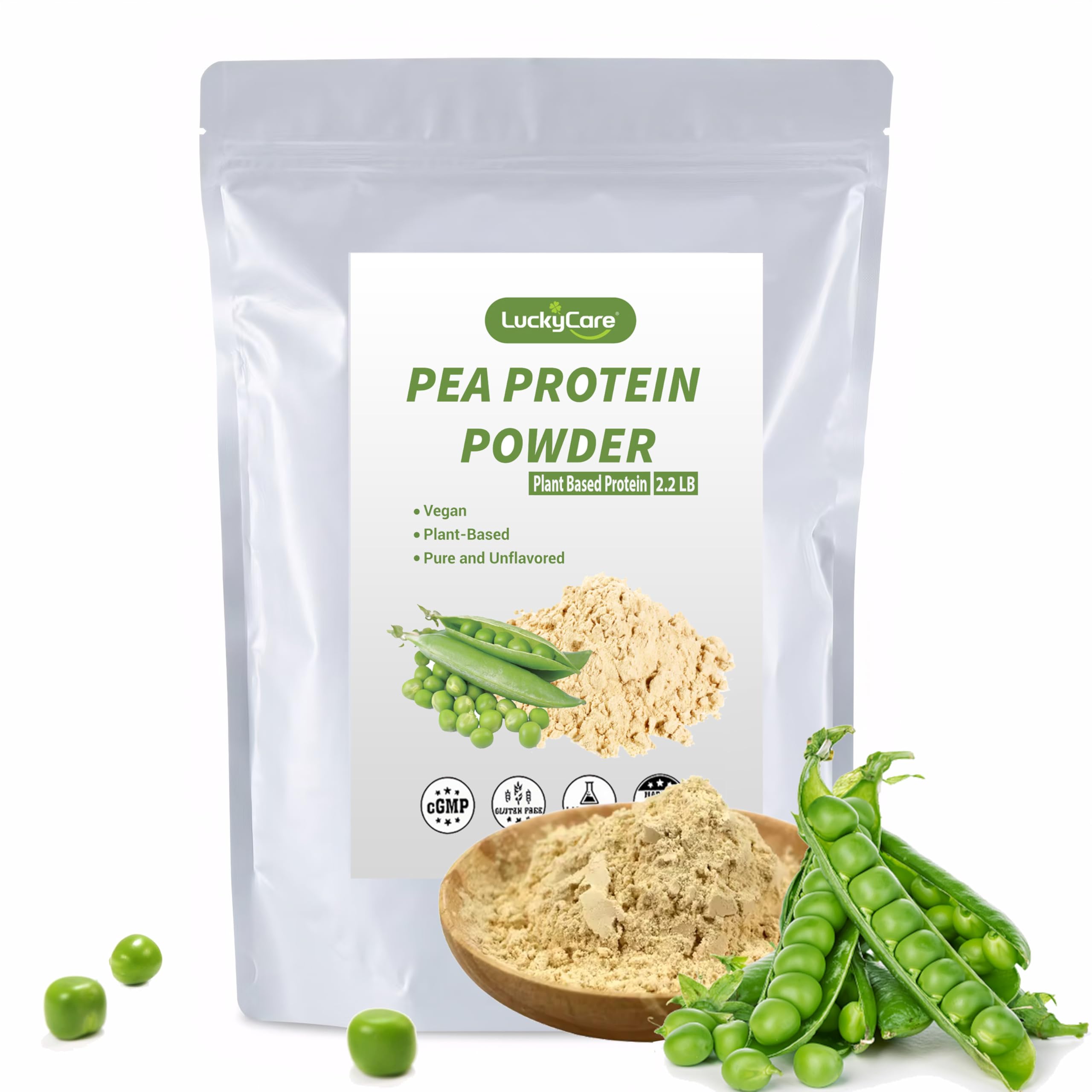 Luckycare original pea protein powder packaging shows a clean, premium plant-based option.