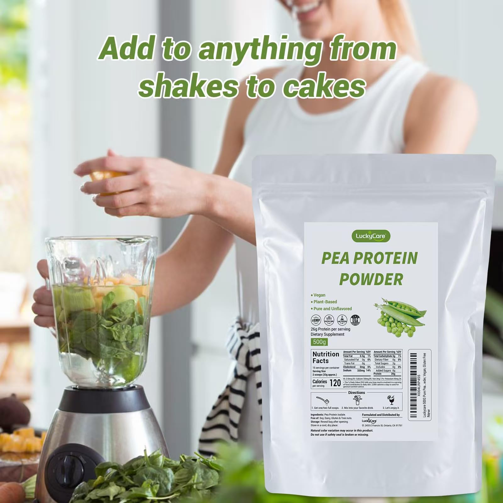 Luckycare pea protein powder scoop highlights 26g per serving for strong protein support.