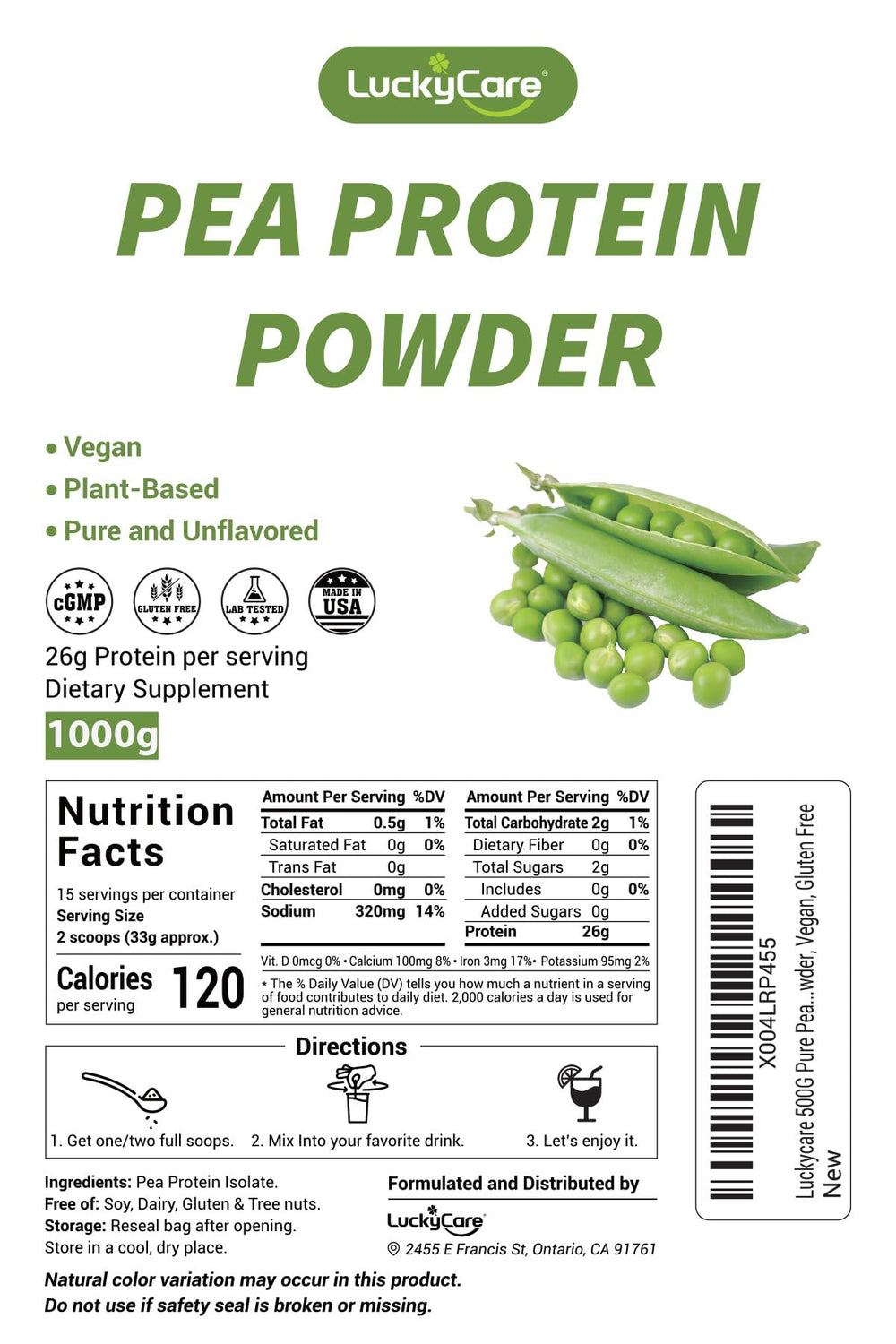 Luckycare unflavored pea protein powder poured into a blender for customizable shakes.