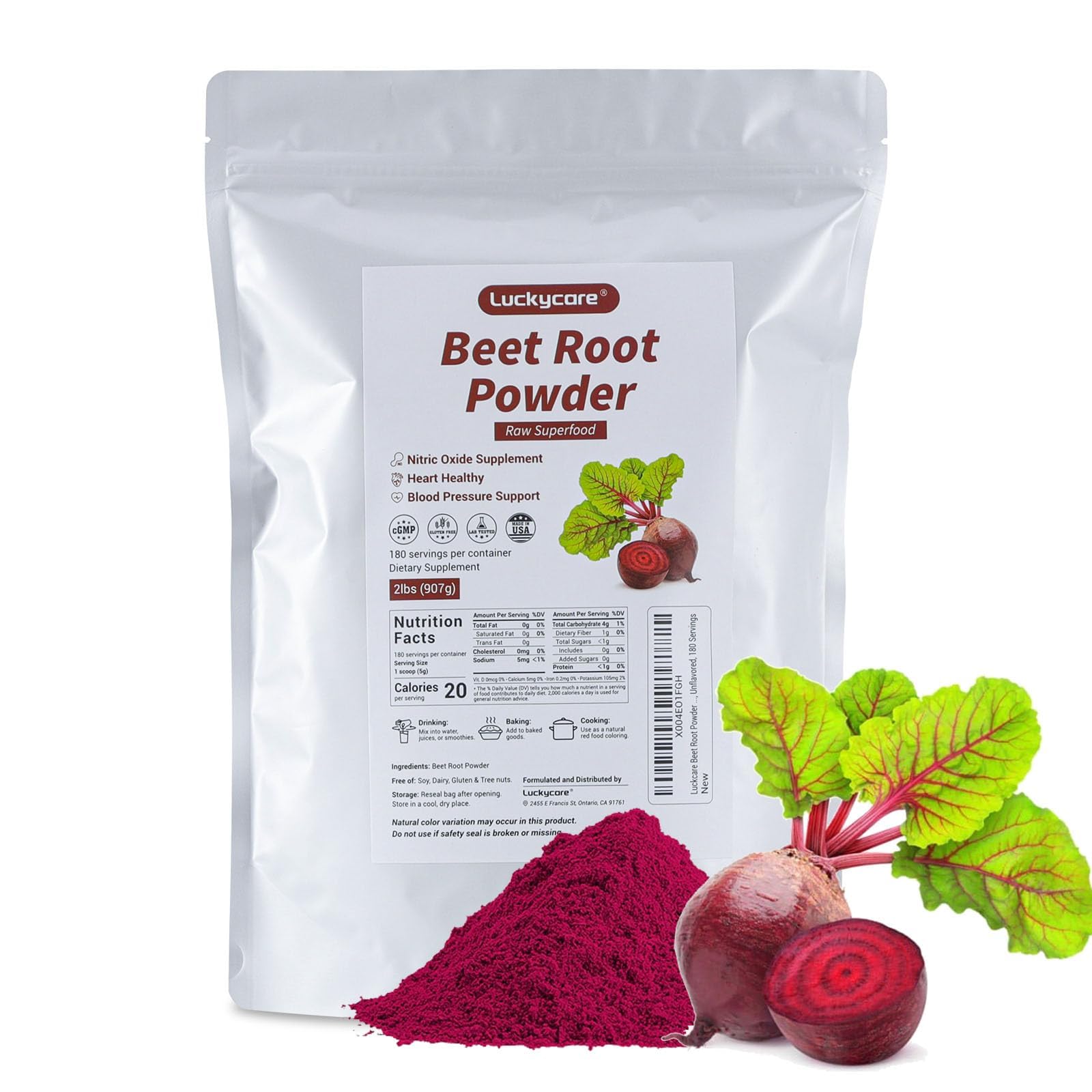 Luckycare beet root powder packaging emphasizes non-GMO purity
