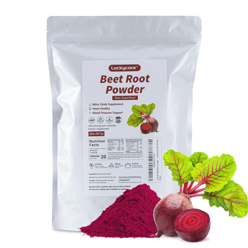 Luckycare beet root powder packaging emphasizes non-GMO purity