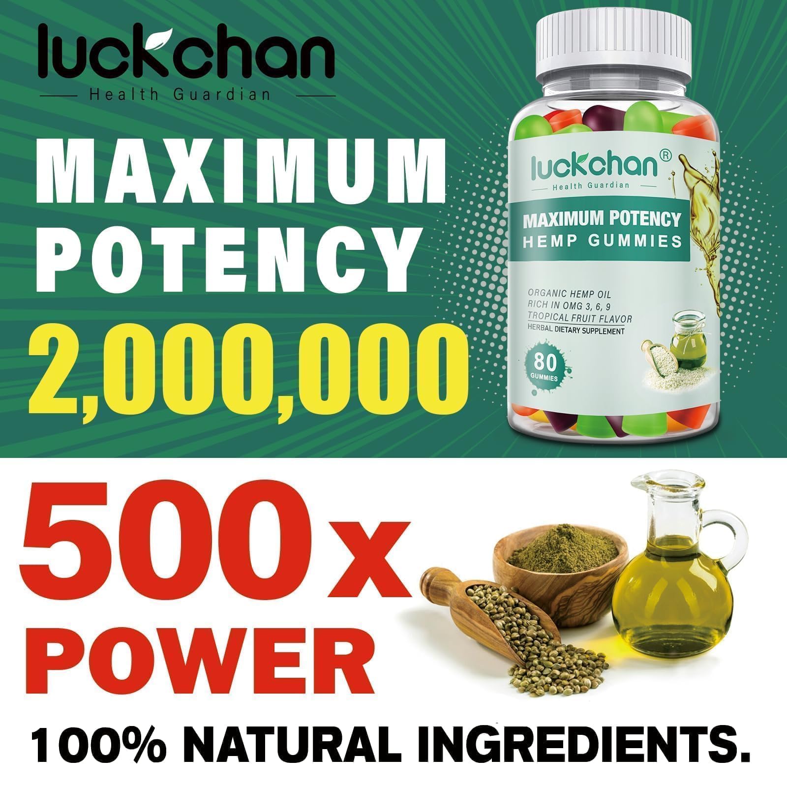 LUCKCHAN hemp gummies pain relief bottle highlighting convenient daily support.