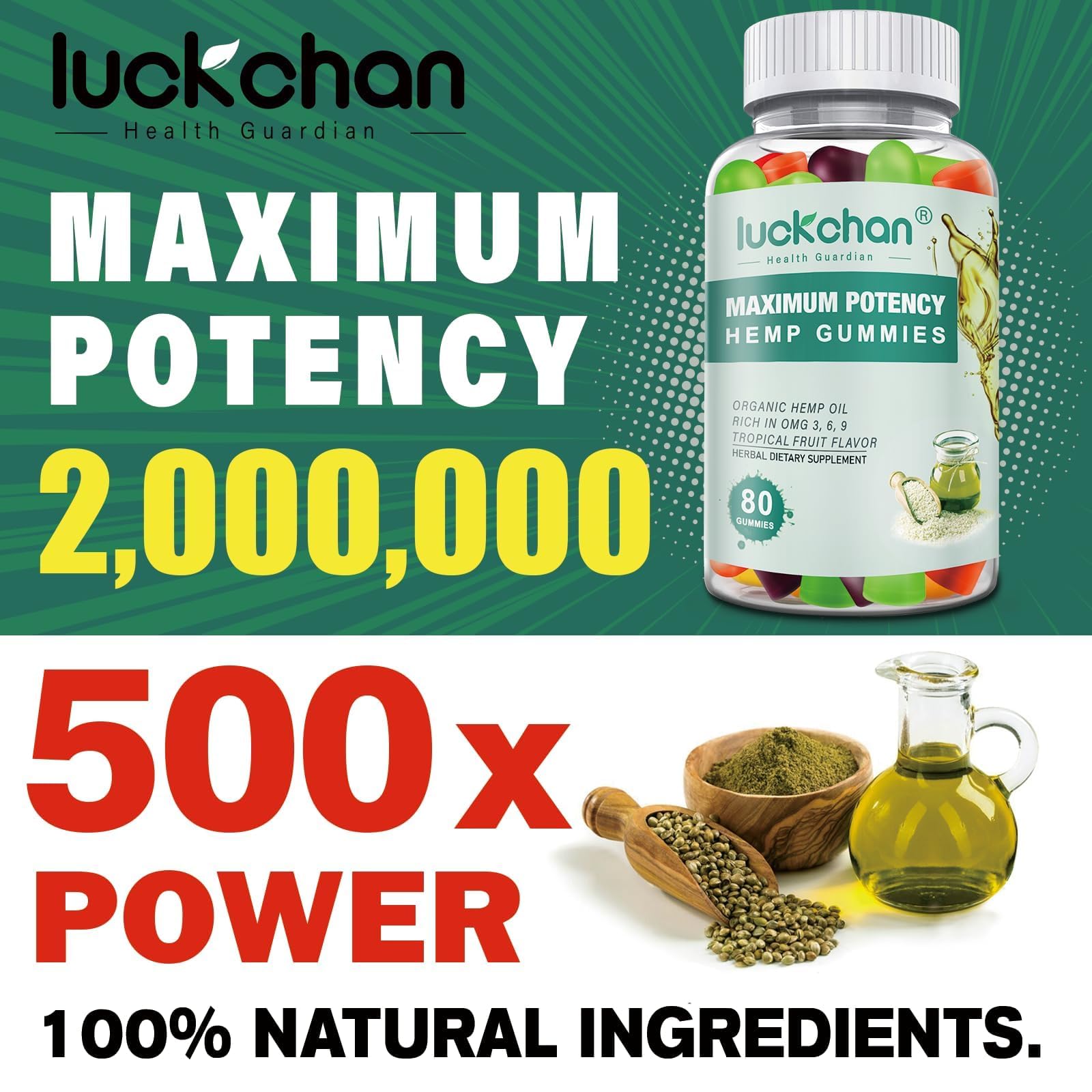 LUCKCHAN hemp gummies sleep-support bottle shown with relaxing night routine.