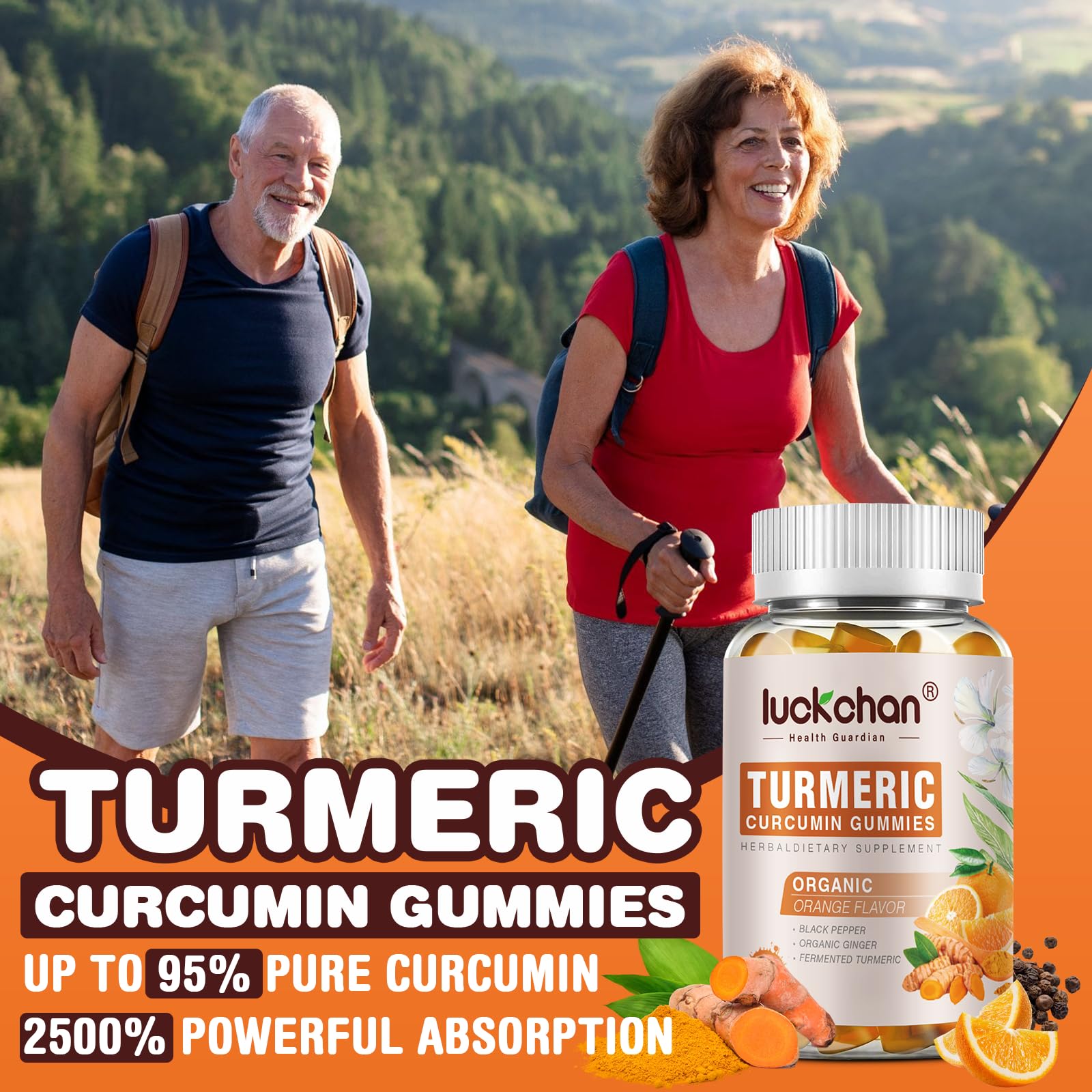 LUCKCHAN turmeric curcumin gummies orange flavor close up for a tasty daily supplement.