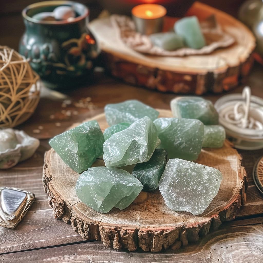 Luckeeper Green Aventurine rough stones closeup highlighting natural texture and color for focus.
