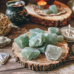 Luckeeper Green Aventurine rough stones closeup highlighting natural texture and color for focus.