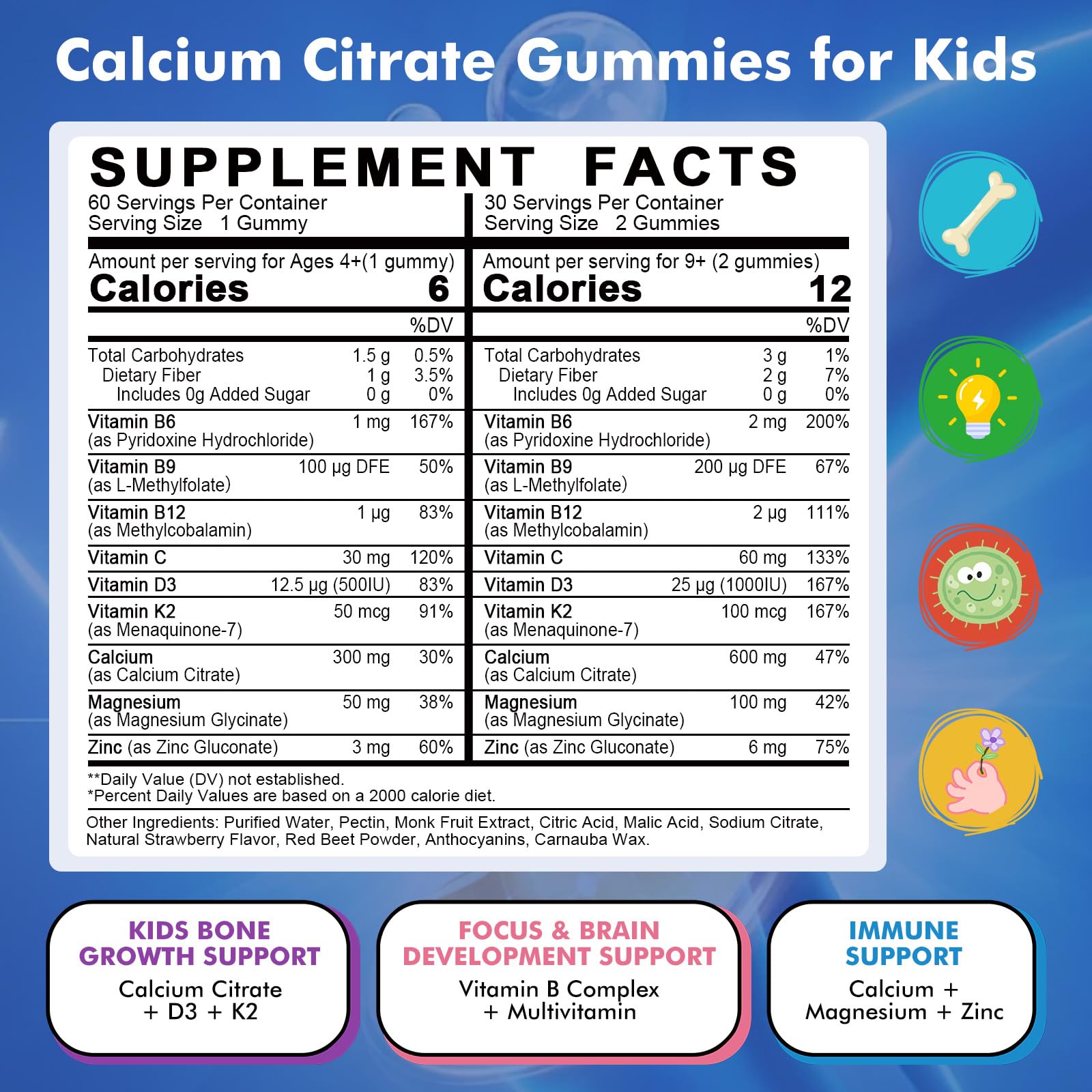 LUCNVEM Kids Calcium Citrate Gummies strawberry close-up shows tasty flavor for easy daily intake.