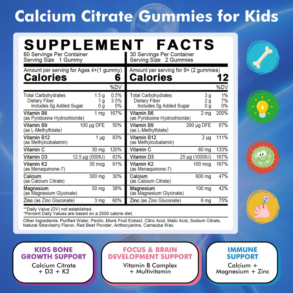 LUCNVEM Kids Calcium Citrate Gummies strawberry close-up shows tasty flavor for easy daily intake.