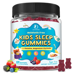 LUCNVEM Kids Sleep Gummies packaging highlights melatonin-free calming bedtime support.