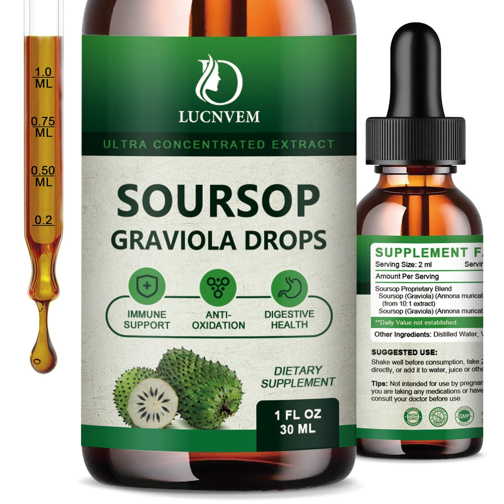 LUCNVEM Soursop Drops bottle with dropper highlights antioxidant support