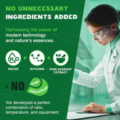 LUCNVEM Soursop Drops ingredients panel with organic glycerin and water