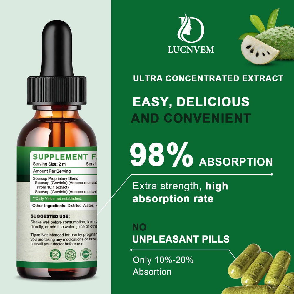 LUCNVEM Soursop Drops pour bottle showing easy dosing