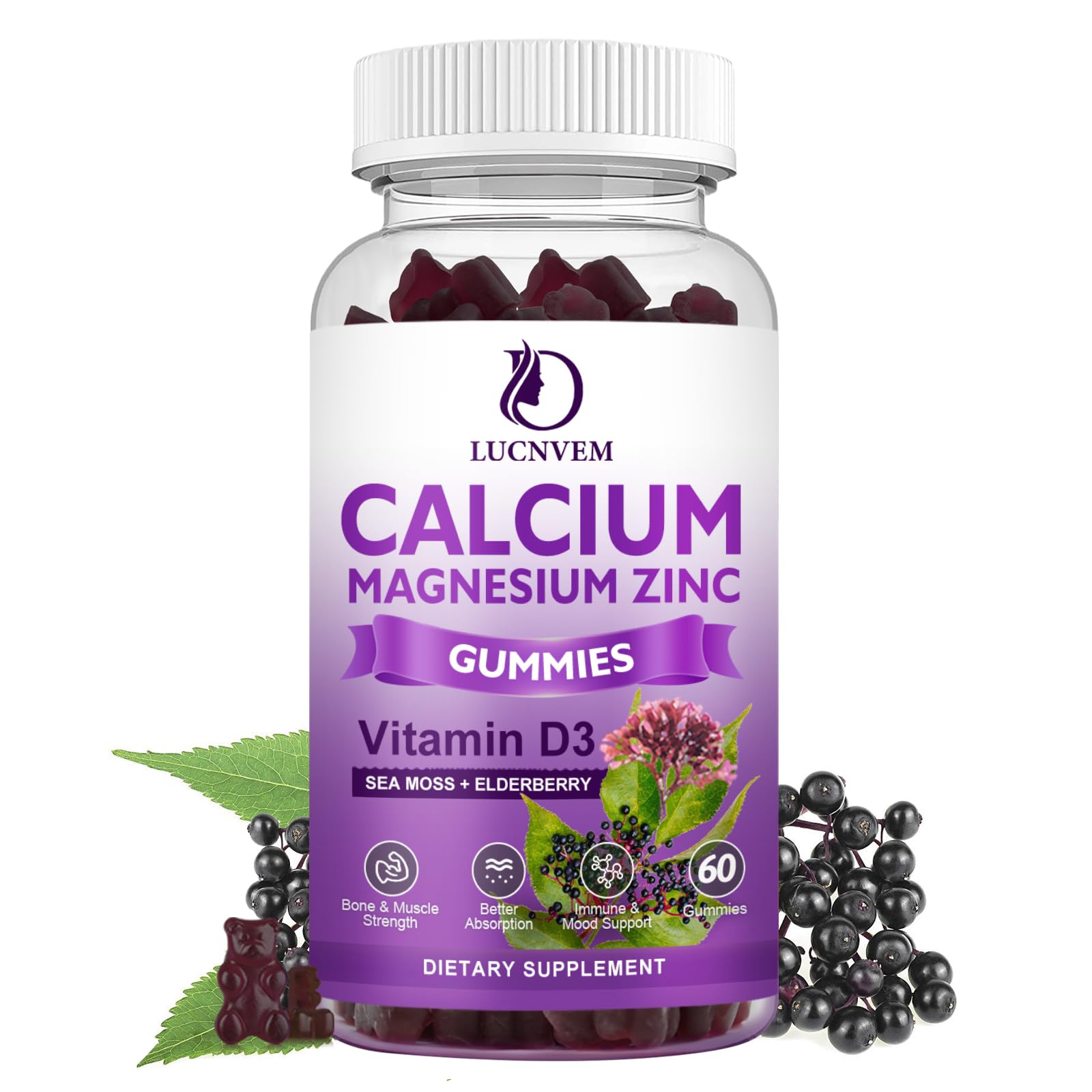 LUCNVEM sugar-free gummies bottle with elderberry flavor for daily bone and mood support.