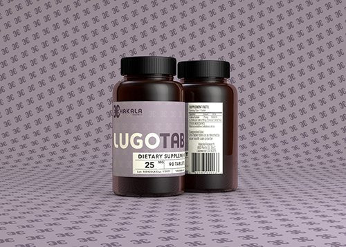 LugoTab 25 mg bottle with tablets for convenient daily iodine support.