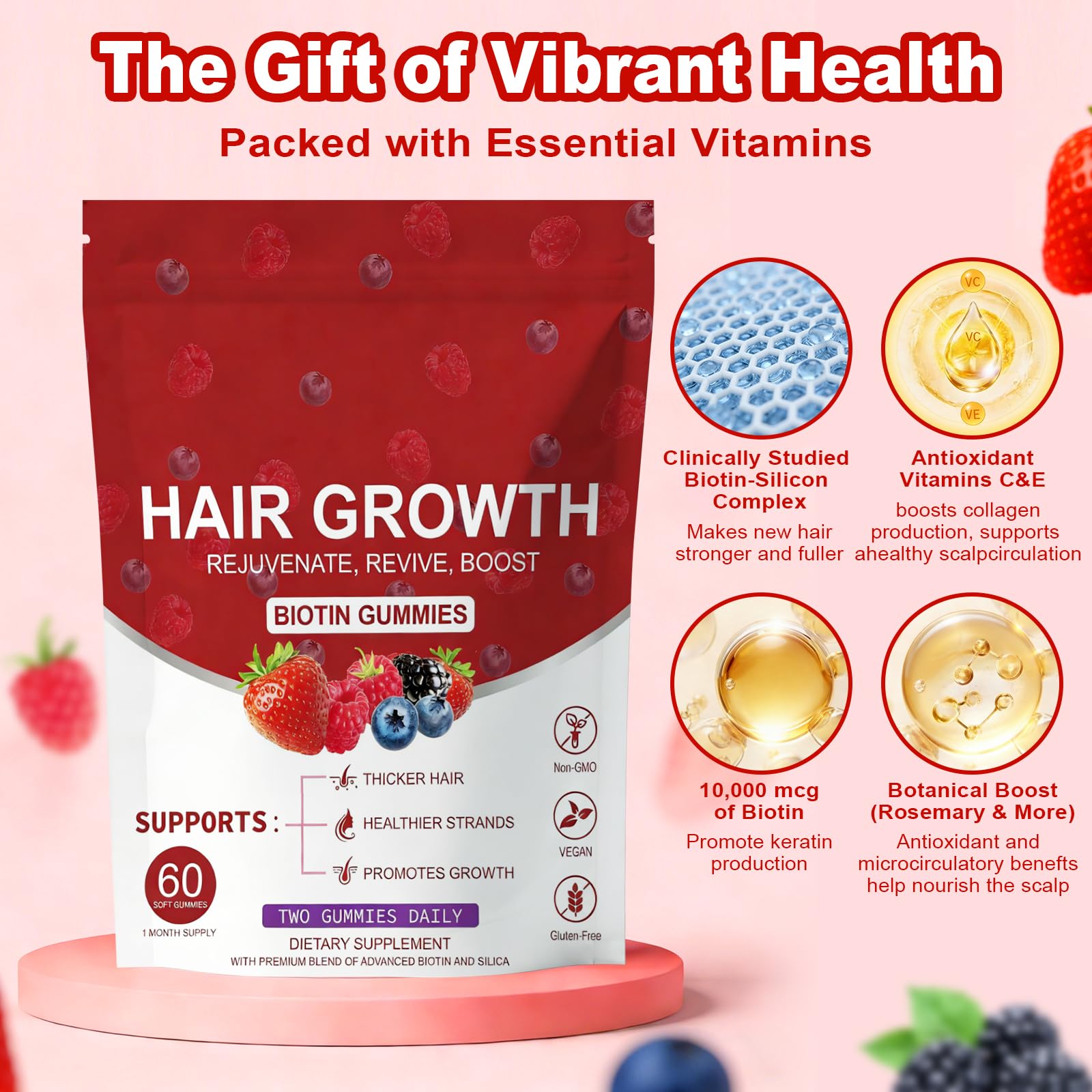 LUIMOLL Lumin Hair Growth Gummies bottle back highlights vegan-friendly formula and safety notes.