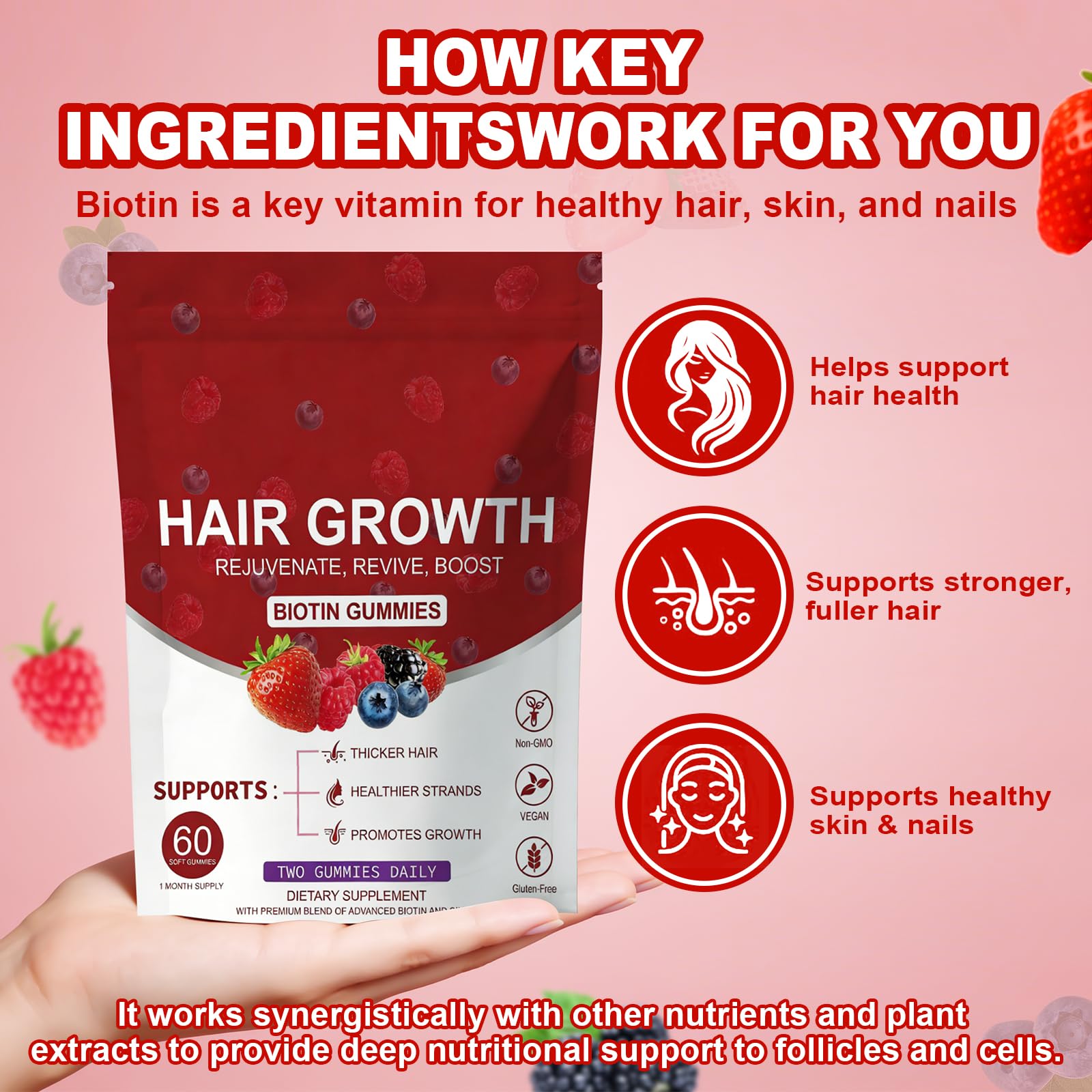 LUIMOLL Lumin Hair Growth Gummies label close-up showing biotin and collagen ingredients.