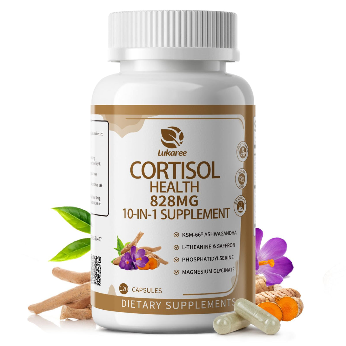 Lukaree 10-in-1 cortisol supplement bottle for daily balance.