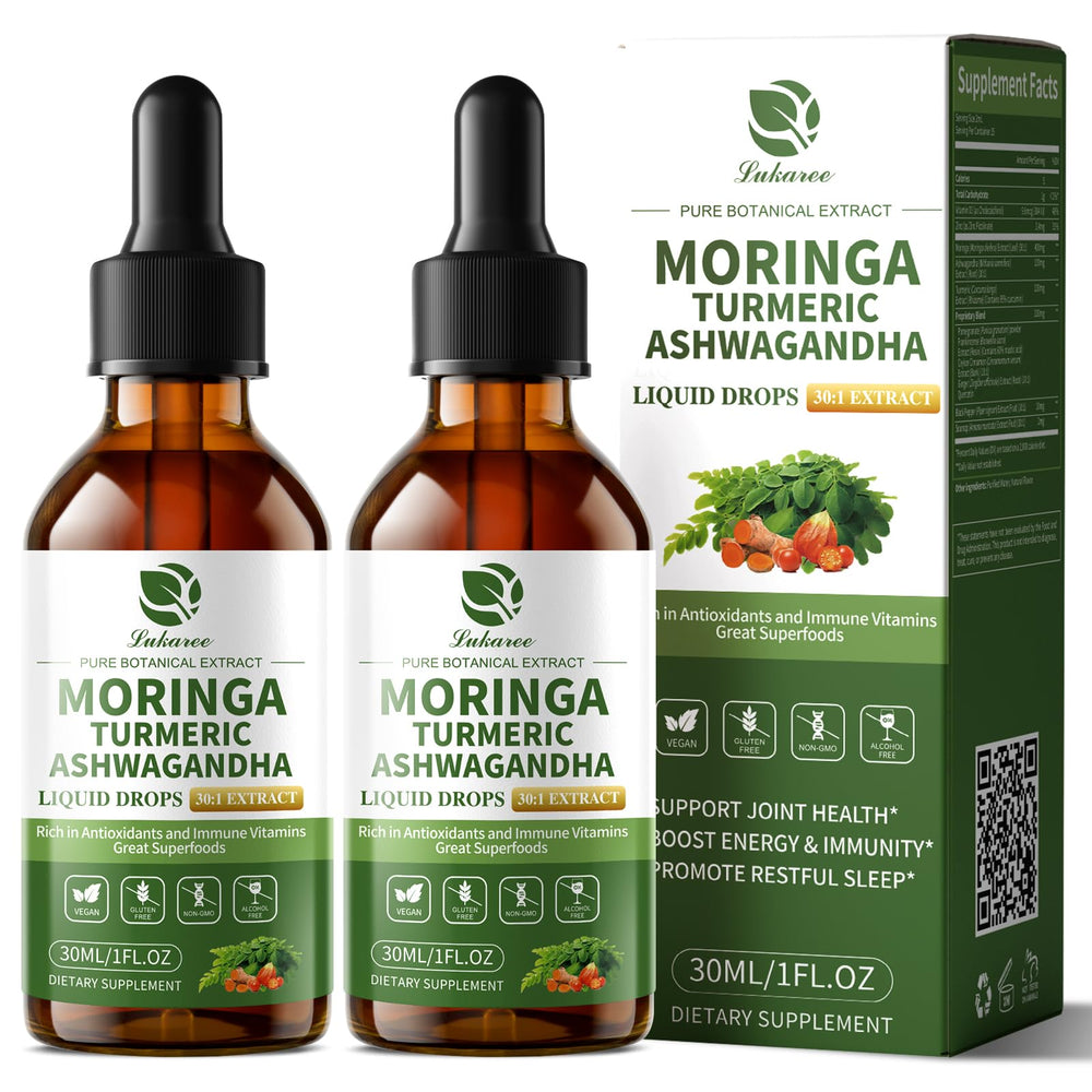 Lukaree 12-in-1 Lipsomal Moringa Drops bottle pour highlighting energy support
