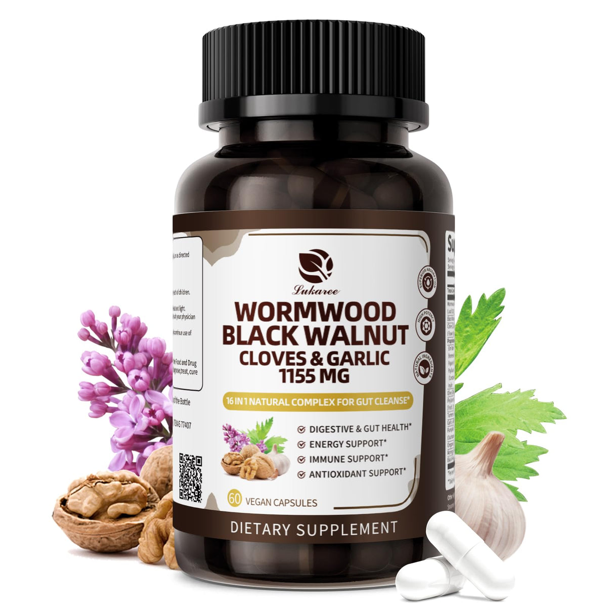 Lukaree 16-in-1 capsules with wormwood and walnut for a comprehensive gut cleanse.