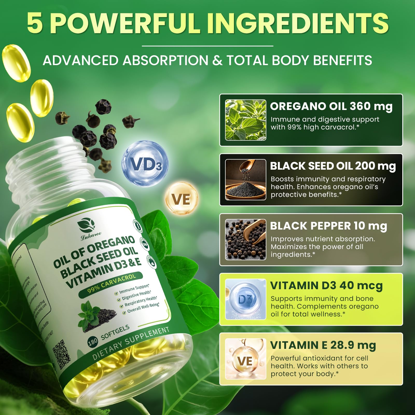 Lukaree black seed oil softgels close-up highlighting antioxidant-rich blend.