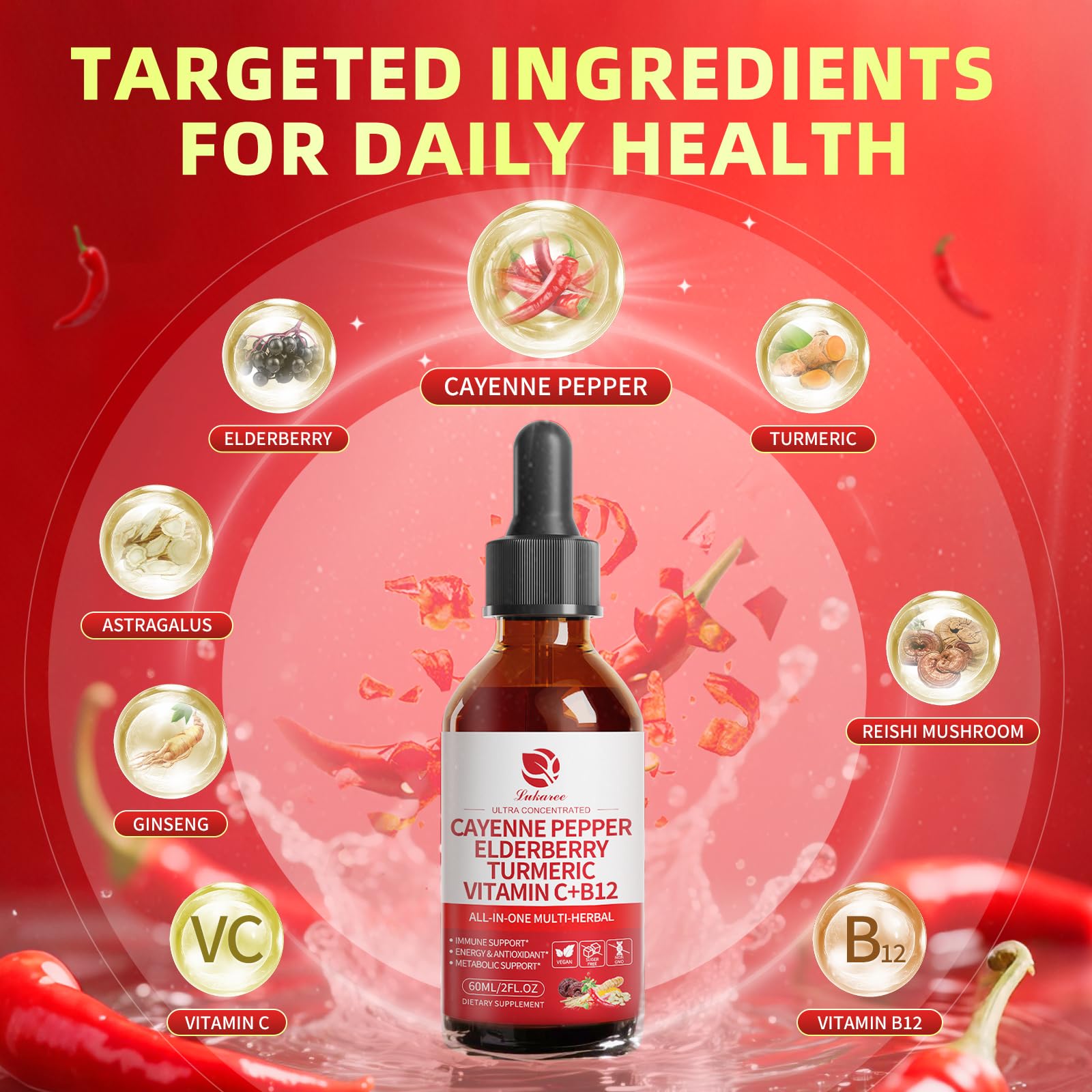 LUKAREE Cayenne Pepper Drops berry flavor bottle close-up showing natural ingredients