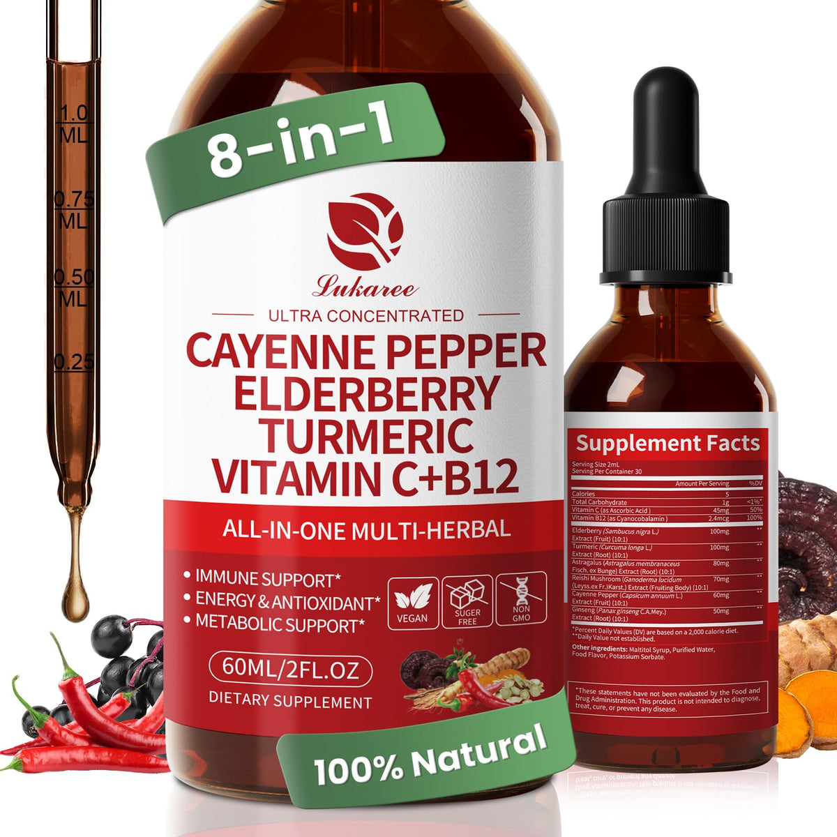 LUKAREE Cayenne Pepper Drops bottle highlighting 8-in-1 formula for daily wellness