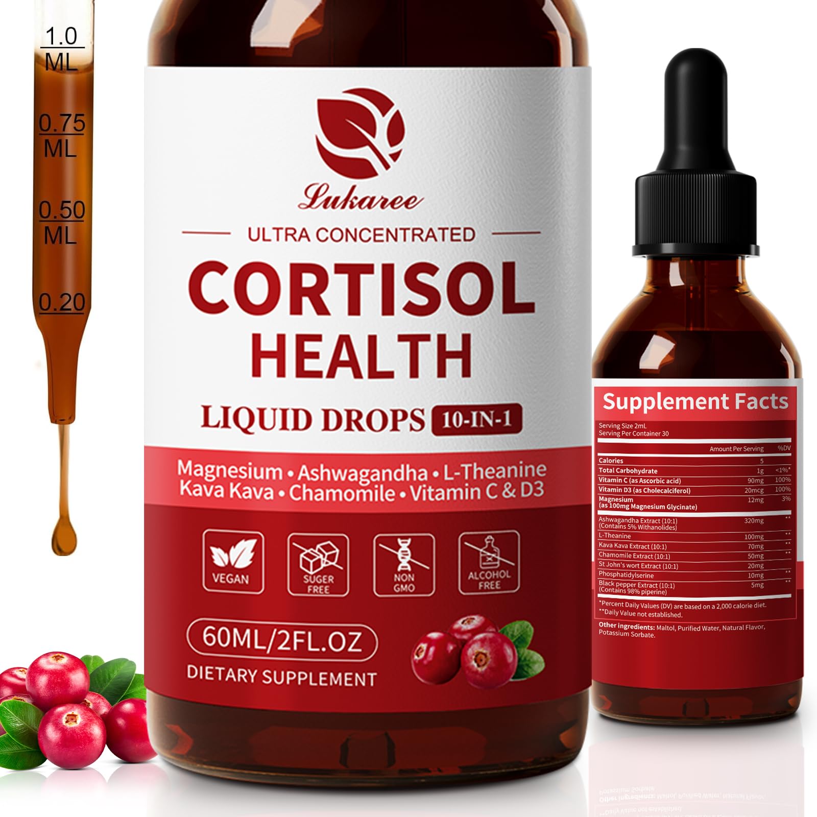 Lukaree cortisol drops bottle in cranberry flavor for quick daily stress support