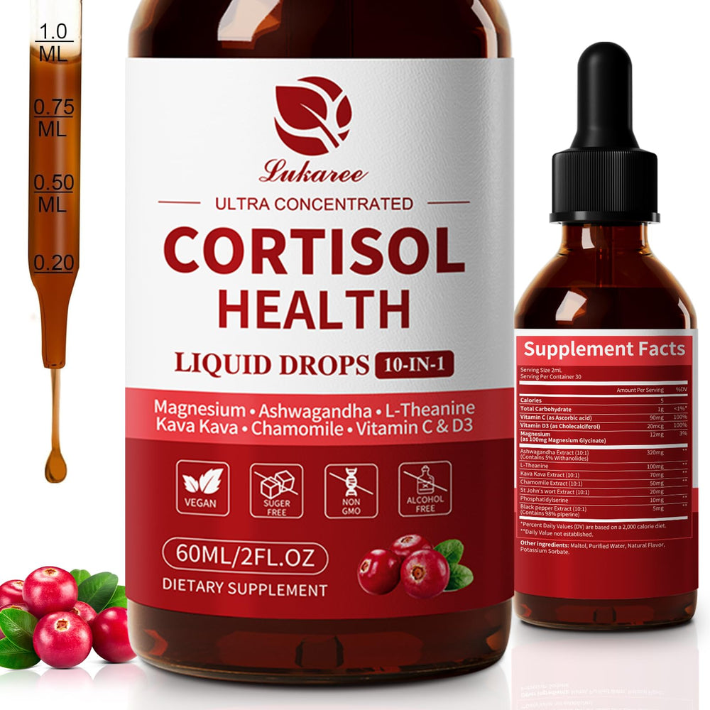 Lukaree cortisol drops bottle in cranberry flavor for quick daily stress support