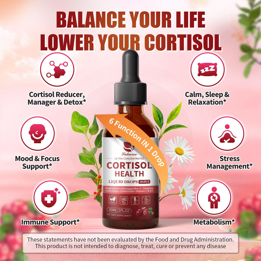 Lukaree cortisol drops label front highlights 10-in-1 formula