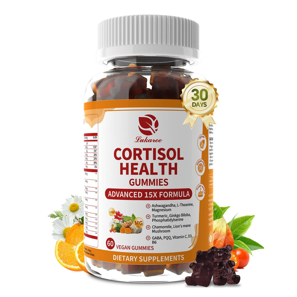 Lukaree Cortisol Gummies bottle on desk suggesting daily calm and focus use