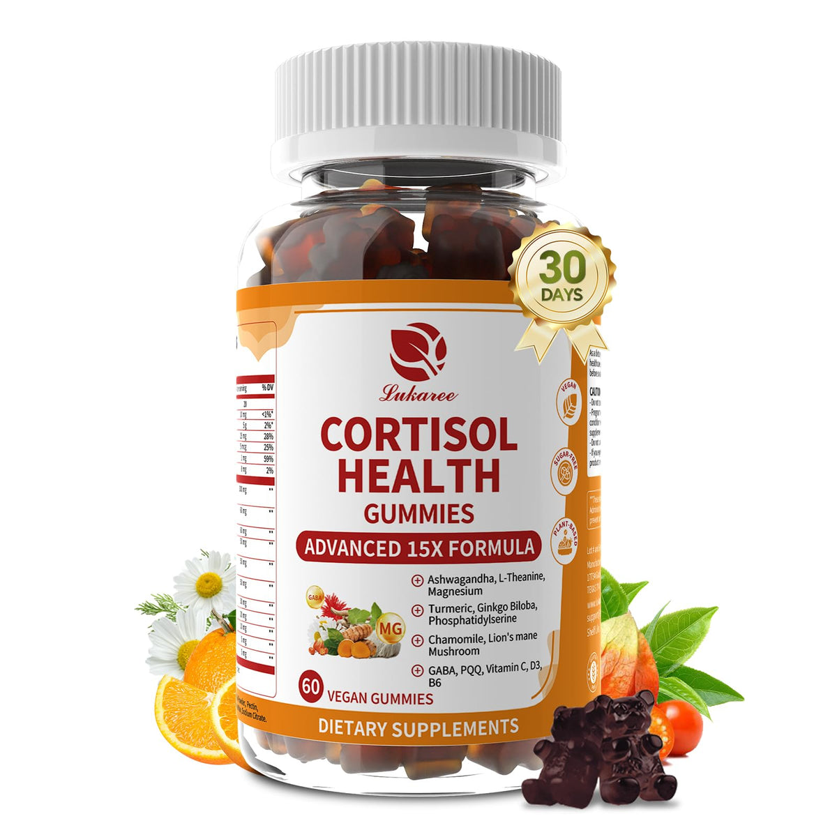 Lukaree Cortisol Gummies bottle on desk suggesting daily calm and focus use