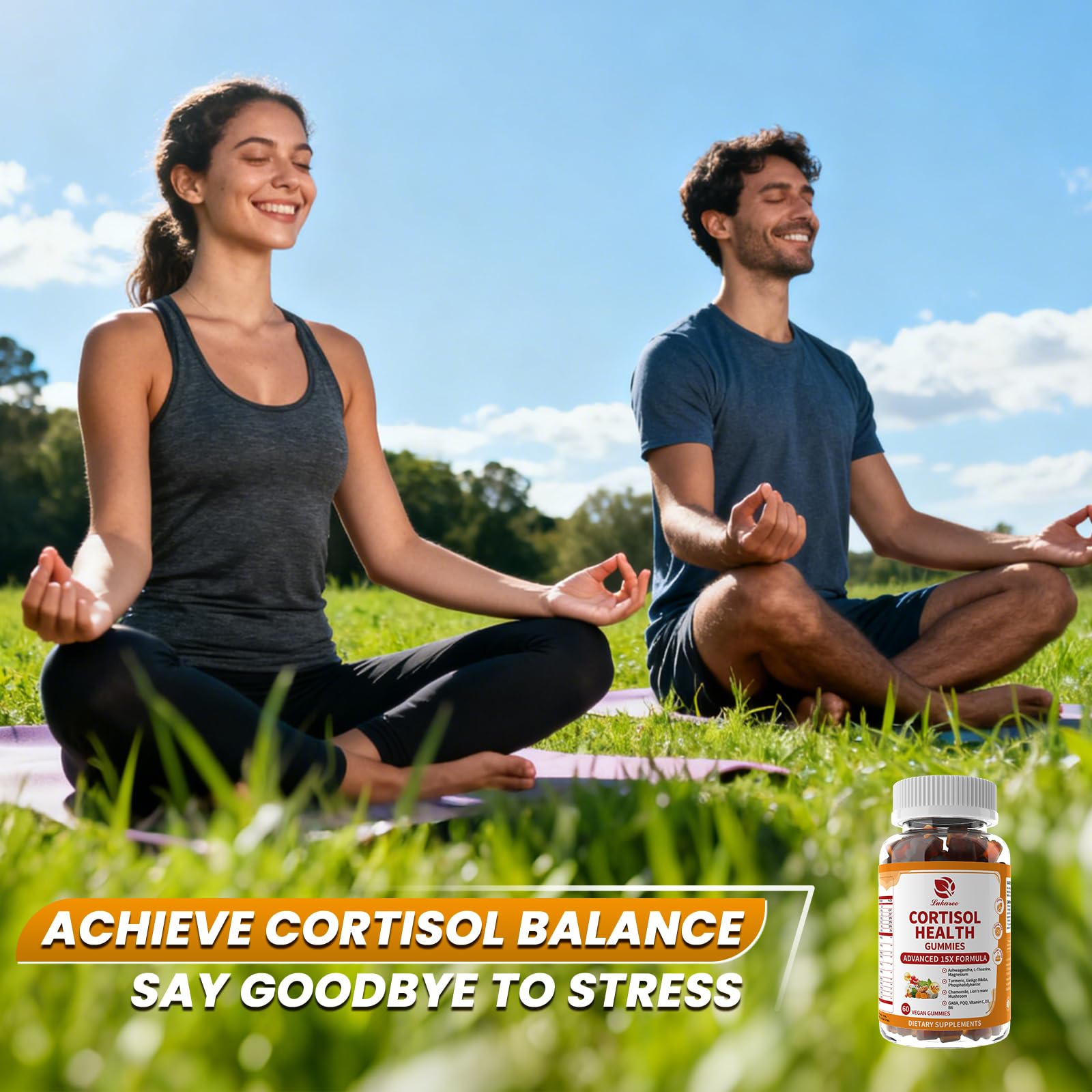 Lukaree Cortisol Gummies label close-up showing 60 gummies and 15-in-1 formula