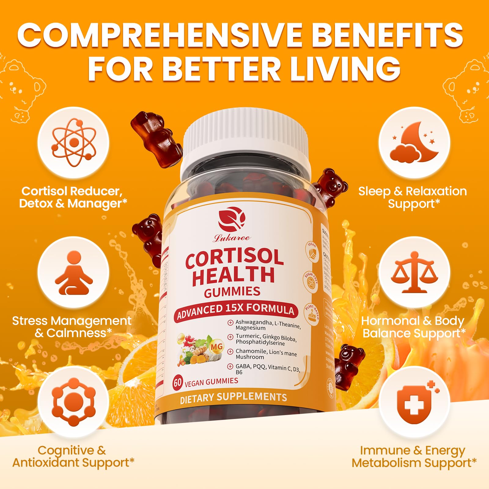 Lukaree cortisol packaging with vegan and sugar-free claims for clean living
