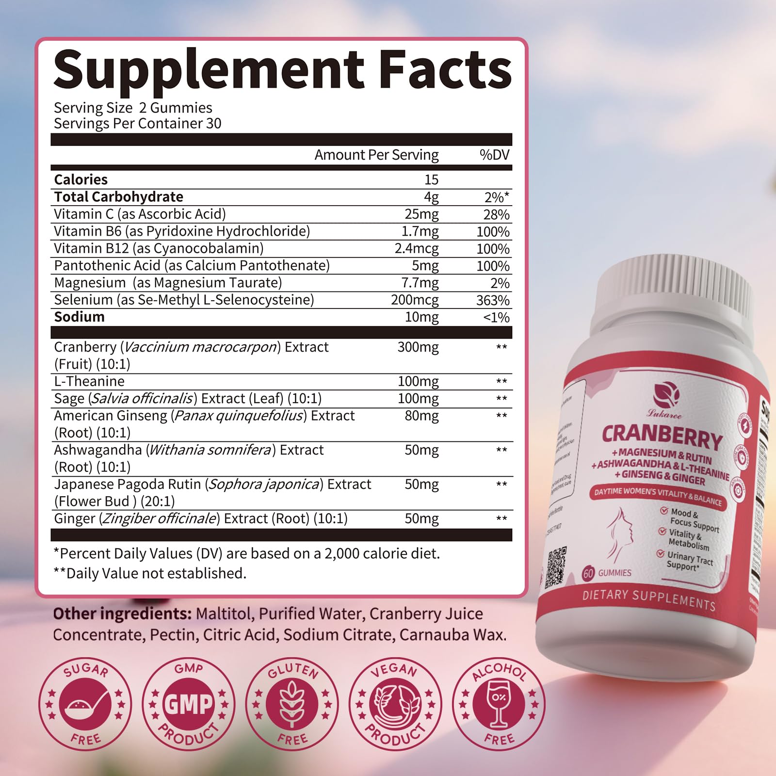 Convenient daily-use packaging of Lukaree Cranberry Gummies for Women.