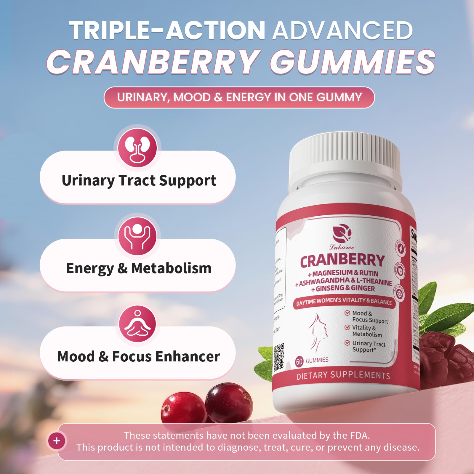 Ingredients panel of Lukaree Cranberry Gummies for Women highlights cranberry extract and vitamins